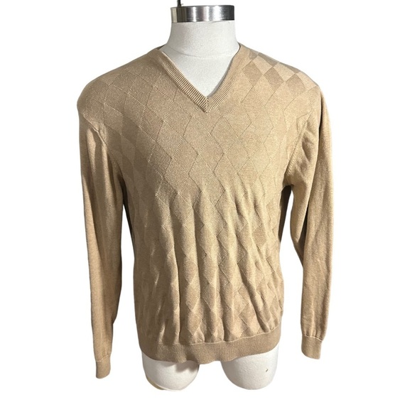Lyle & Scott Scotland Camel Color Argyle V-Neck Sweater Sz L 100% Combed Cotton - Picture 2 of 11